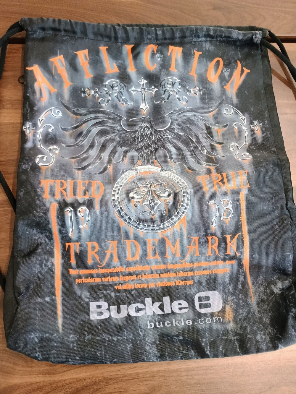 Affliction Black and Orange Drawstring Travel Bag - Picture 2 of 6